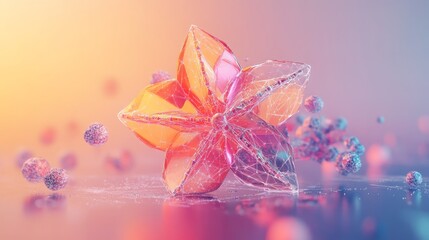 Fototapeta premium A DNA origami structure shaped like a flower, with molecular bonds highlighted in neon colors, surrounded by floating particles and a gentle gradient background, 16:9
