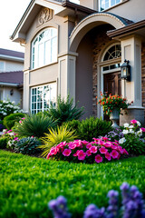 Luxury Home with Stunning Landscaping and Vibrant Flower Garden. Real Estate, Architecture, and Exterior Design