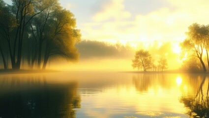 Naklejka premium Serene lake reflection, golden sunrise, misty morning, silhouetted trees, ethereal landscape, atmospheric fog, calm waters, nature painting, dream-like scenery, soft light, tranquil environment, water