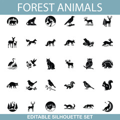 Forest Animals Silhouette Set Editable Vector Icons Wildlife