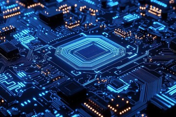 Fototapeta premium Futuristic blue circuit board background depicting advanced electronic technology