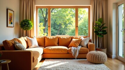 Fototapeta premium Relaxing living room interior design featuring a comfortable sectional sofa, natural light, and lush greenery