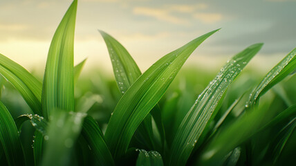 Fototapeta premium Fresh green grass with dewdrops glistening in morning light, creating serene atmosphere