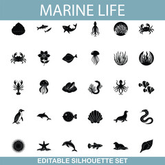 Ocean Life Editable Black Silhouettes of Marine Animals and Plants