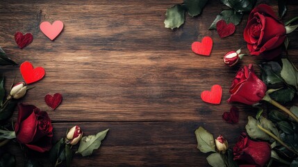 Red hearts and roses on wooden background. Composition for valentine's woman's mother's day, wedding. Greeting card
