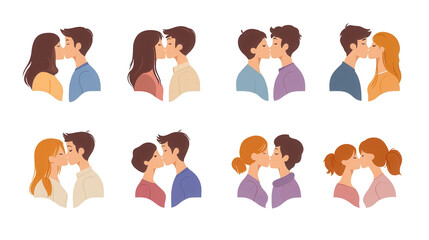 collection of cartoon icons of kissing people silhouette, love symbol