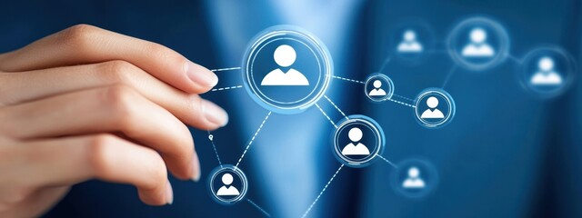 Professional hand holding digital connections with user icons representing networking and communication in a modern business environment and technology-driven world
