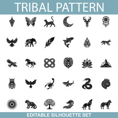 Fototapeta premium Editable Tribal Pattern Silhouette Set Animals, Symbols, and Nature