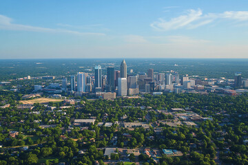 Fototapeta premium Urban skyline reflecting in calm water during late afternoon with clouds in the sky