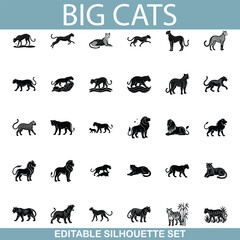 Editable Big Cats Silhouette Set Lions, Tigers, Leopards, Cheetahs