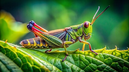 Fototapeta premium Panoramic View of Grasshopper on Leaf - Nature Macro Photography