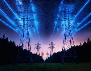 High-voltage transmission towers with vibrant neon lighting at night against forest background