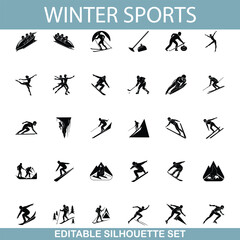 Winter Sports Editable Silhouette Set Skiing, Snowboarding, Ice Skating