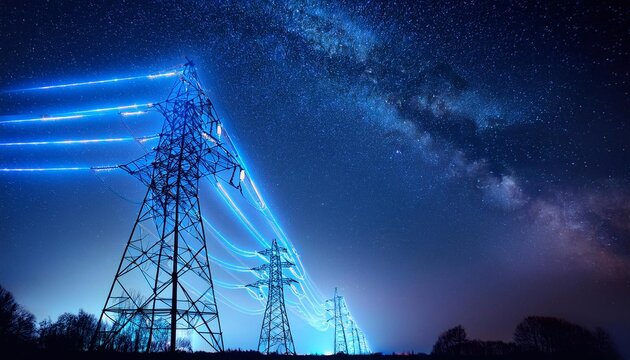 High-voltage transmission towers with blue neon lighting at night against starry sky