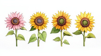 Obraz premium Vibrant Collection of Hand-Drawn Sunflowers in Varied Colors and Styles for Decorative Use