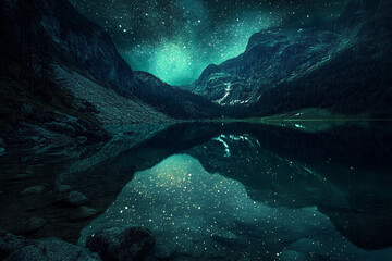 Fototapeta premium Nighttime landscape showcases shimmering water under a canvas of stars and glowing bioluminescence