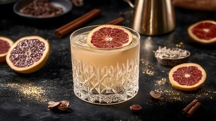 Fototapeta premium Elegant Grapefruit Cocktail Drink in Crystal Glass with Cinnamon and Gold Accents