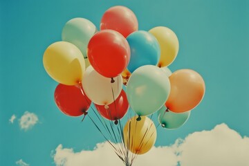 Fototapeta premium Colorful balloons are floating in a blue sky with a retro filter applied