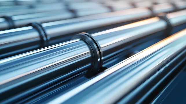 A close-up of shiny metal pipes arranged in parallel, showcasing their smooth surface and distinct rings for structural support.