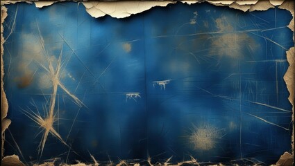 Weathered blue parchment, ancient map texture, torn edges, mysterious glowing spots, wispy ethereal lines, cosmic nebula background, antique nautical chart, magical constellations, deep ocean hues, wo