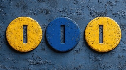 Three circular buttons in yellow and blue on a blue background.