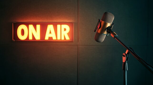 Golden condenser microphone is recording a live show inside a studio with a luminous on air sign, capturing every sound and voice for broadcast - Powered by Adobe