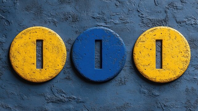 Three circular buttons in yellow and blue on a blue background.