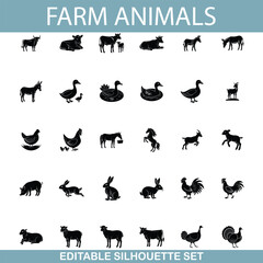 Farm Animals Editable Silhouette Set of Common Domesticated Creatures