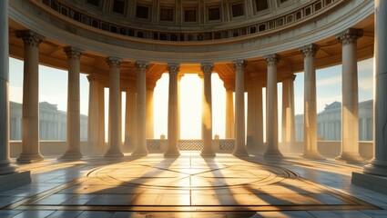 Fototapeta premium Ancient Roman architecture, grand circular structure, marble columns, domed ceiling, sunlight streaming through, ornate interior, reflective tiled floor, golden hour lighting, atmospheric, majestic, s