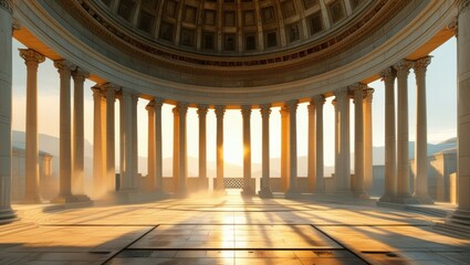 Obraz premium Ancient Roman architecture, grand circular structure, marble columns, domed ceiling, sunlight streaming through, ornate interior, reflective tiled floor, golden hour lighting, atmospheric, majestic, s