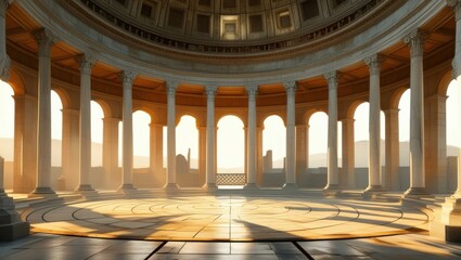 Ancient Roman architecture, grand circular structure, marble columns, domed ceiling, sunlight streaming through, ornate interior, reflective tiled floor, golden hour lighting, atmospheric, majestic, s