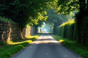 Obraz premium Serene Pathway Through Sun-Dappled Trees and Lush Green Hedgerows, Enclosed by Stone Walls