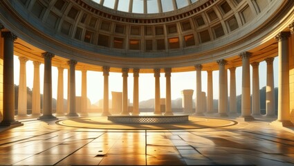Obraz premium Ancient Roman architecture, grand circular structure, marble columns, domed ceiling, sunlight streaming through, ornate interior, reflective tiled floor, golden hour lighting, atmospheric, majestic, s
