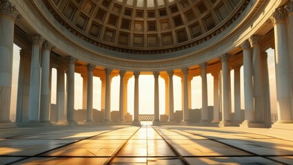 Ancient Roman architecture, grand circular structure, marble columns, domed ceiling, sunlight streaming through, ornate interior, reflective tiled floor, golden hour lighting, atmospheric, majestic, s