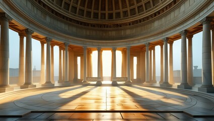 Obraz premium Ancient Roman architecture, grand circular structure, marble columns, domed ceiling, sunlight streaming through, ornate interior, reflective tiled floor, golden hour lighting, atmospheric, majestic, s