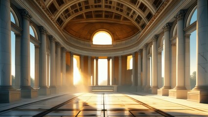 Obraz premium Ancient Roman architecture, grand circular structure, marble columns, domed ceiling, sunlight streaming through, ornate interior, reflective tiled floor, golden hour lighting, atmospheric, majestic, s