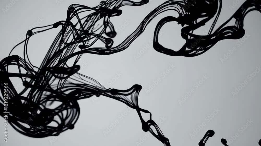 Poster intricate black ink swirling pattern on white background, abstract art. creativity and fluid motion 