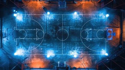 Fototapeta premium Aerial View of Illuminated Outdoor Basketball Court at Night Neon Blue and Orange Lights Glowing