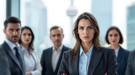 Corporate Conflict: Serious Senior Businesswoman and Team in Modern Office Setting