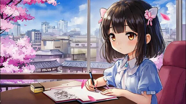 A cute anime girl gazes at a vibrant city filled with blooming cherry blossoms, their pink petals reflected on the train window. She holds a sketchbook, doodling the view, anime-style