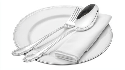 A shiny silver spoon and fork, elegantly placed on a white plate with a napkin beside them