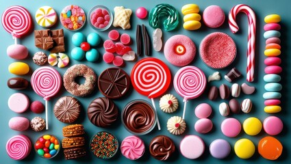 Colorful candy assortment, overhead view, vibrant sweets, lollipops, chocolate bonbons, gummy candies, pastel macarons, jelly beans, candy canes, peppermints, licorice allsorts, flat lay, blue backgro