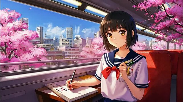 A cute anime girl gazes at a vibrant city filled with blooming cherry blossoms, their pink petals reflected on the train window. She holds a sketchbook, doodling the view, anime-style