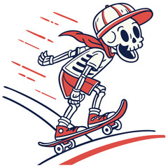 Skateboard t-shirt label design with illustration of skeleton playing skateboard. Hand drawn illustration.