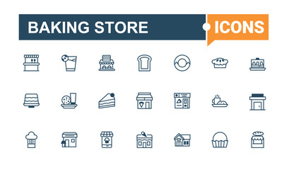 Baking Store linear icon collection. It contains symbols to bakery, flour, cook, pie, break, baker and more. Outline icon. Outline and solid pictogram.