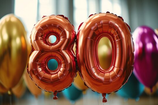 Red foil balloons forming number eighty, celebrating an 80th anniversary or birthday, with colorful balloons in the background