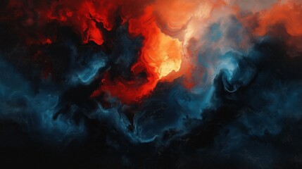 Abstract fiery red and deep blue nebula with swirling cosmic textures