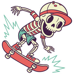 Skateboard t-shirt label design with illustration of skeleton playing skateboard. Hand drawn illustration.