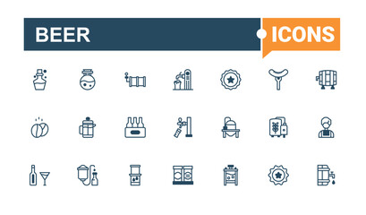 Brewing linear icon collection. Icons barrel, wheat, craft, can, tap, bottle, cafe and more. Perfect for logos and infographics. Vector line and solid icons.