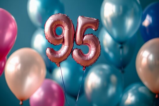 Rose gold foil number balloons celebrating 95th anniversary or birthday with other colorful balloons in background